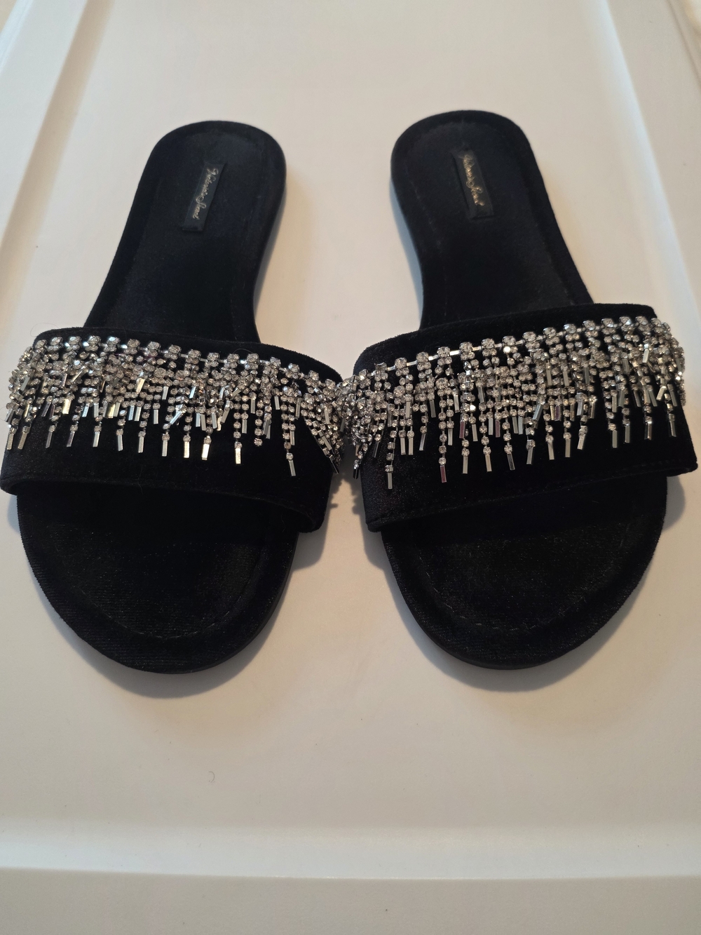Black Velvet Jeweled Slide Sandals/ Slip-Ons